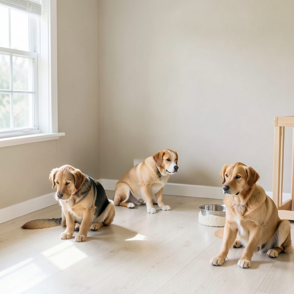 A bright, airy dog daycare playroom with soft natural light, neutral walls, and a few dogs calmly interacting on clean flooring