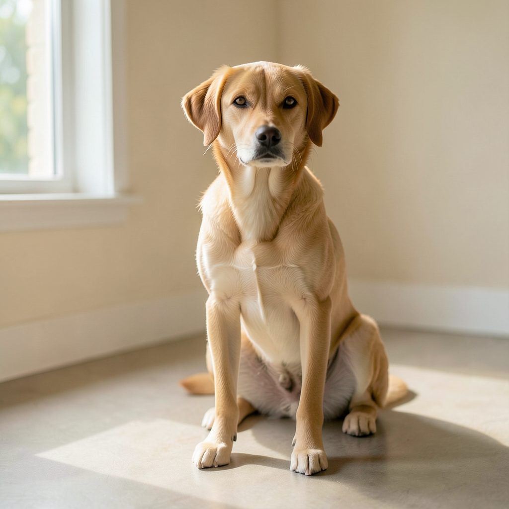 A calm, attentive dog sitting indoors on a neutral floor, soft natural light from a window, warm beige and cream tones