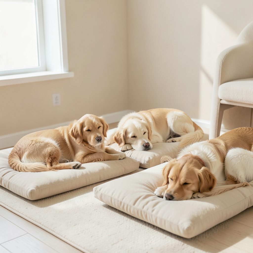 A calm, light-filled indoor dog play area with soft beige and cream tones, dogs resting peacefully on cushioned mats, conveying safety and trust.