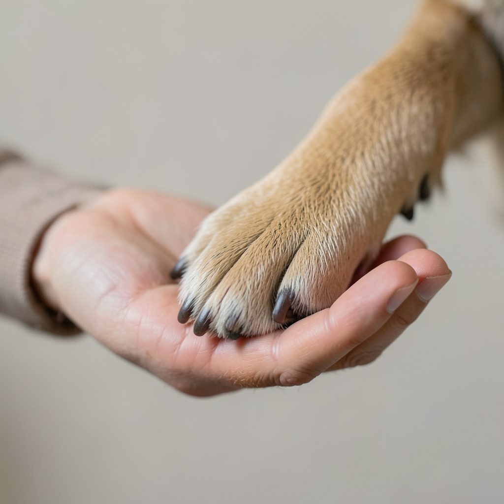 A close view of a dog's paw resting gently on a person's open hand against a soft neutral background, symbolizing trust, care, and a safety commitment.