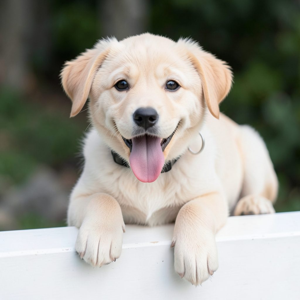 A light-colored puppy with tongue out resting paws on a white ledge, wearing a collar, looking curious and friendly