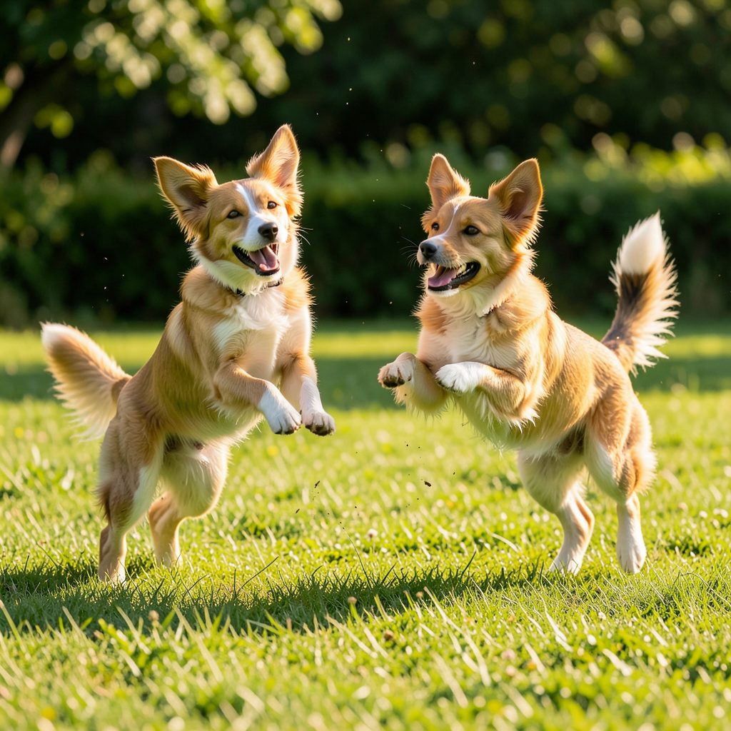 Two dogs playing energetically on green grass, one mid-leap with ears up, conveying joyful off-leash play in warm natural light