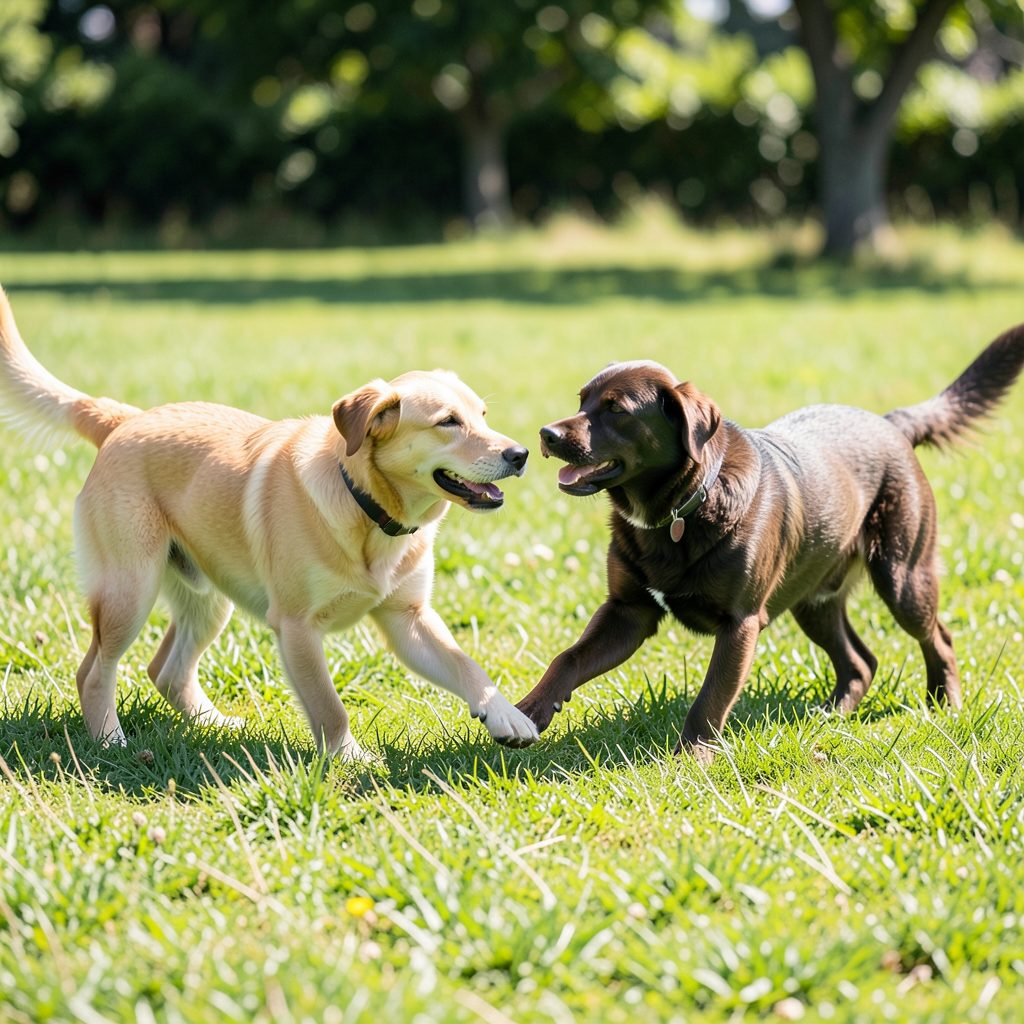 Two dogs playing together on green grass in a sunny outdoor setting, one light tan and one darker, engaged in friendly off-leash interaction