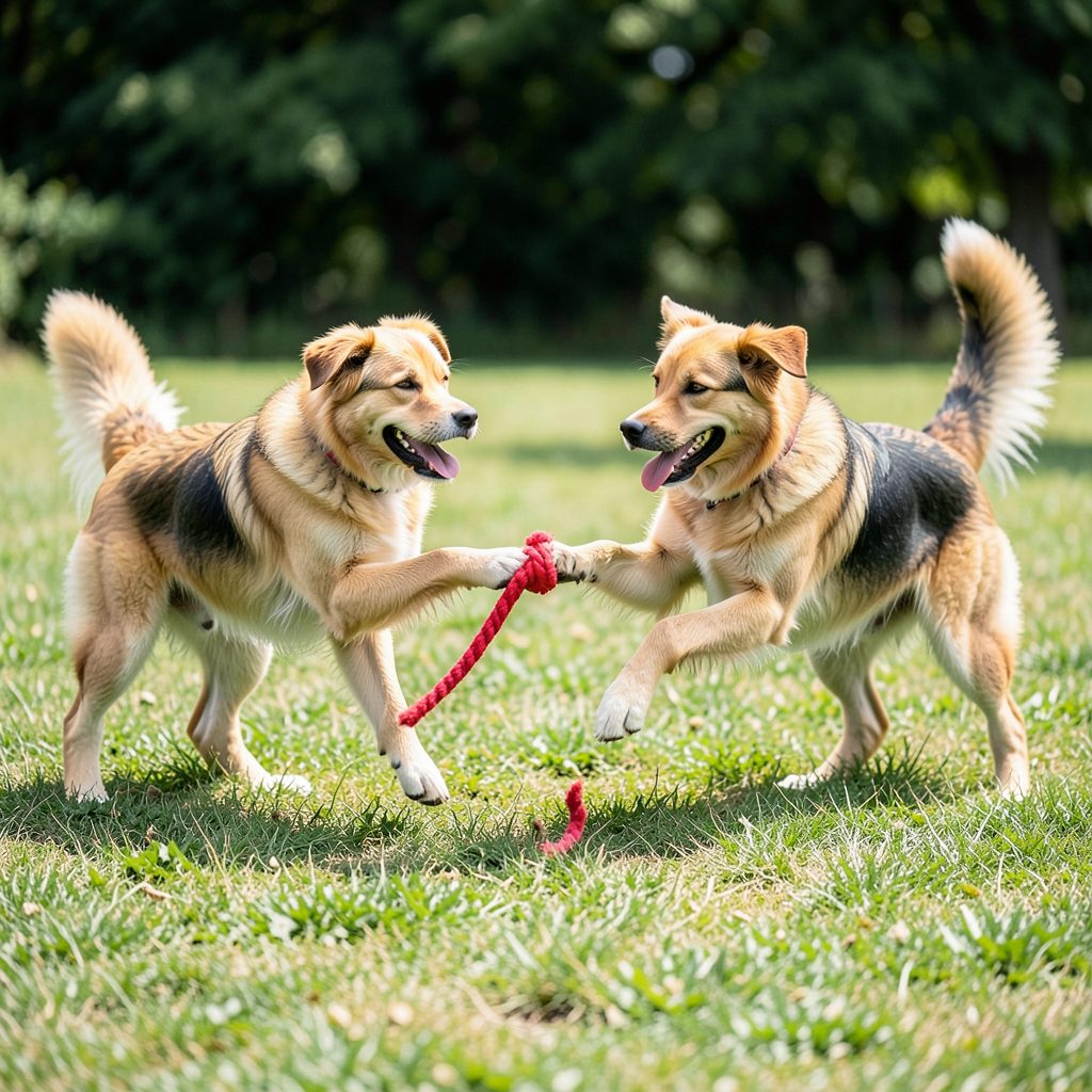 Two dogs playing tug-of-war with a red rope toy on a grassy field, capturing the energetic and playful spirit of off-leash dog play.