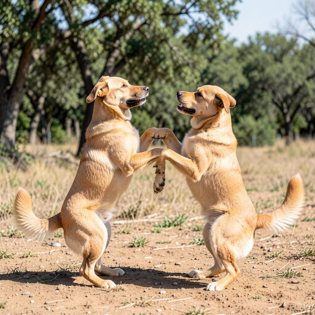 Two tan-colored dogs playfully sparring on hind legs in an outdoor dirt field with trees in the background, conveying the spirited competition and camaraderie the Daycare Games celebrate.
